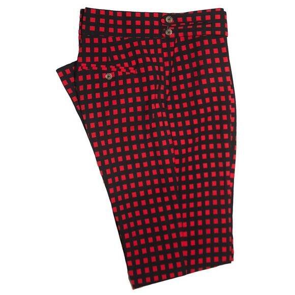 Mens Gurkha Pants Red Black Check Plaid Slim High Waist Flat Front Trousers 38